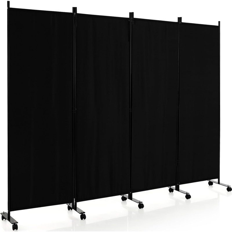 Black 4-Panel Folding Room Divider with Lockable Wheels