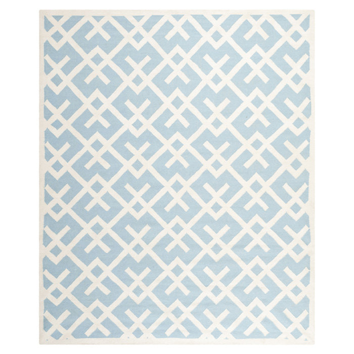 Fung Hand Woven Flat Weave Wool/Cotton Geometric Rug in Light Blue/Ivory