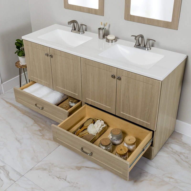 Meuble-lavabo double 60,50 po avec 2 armoires, 2 tiroirs et plateau en marbre de culture Emlyn, Brun