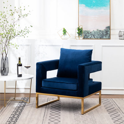 Chaise d'appoint contemporaine, revêtue de tissu bleu, base en métal, carrée, fauteuil à accoudoirs luxueux avec repose-pieds et velours fin