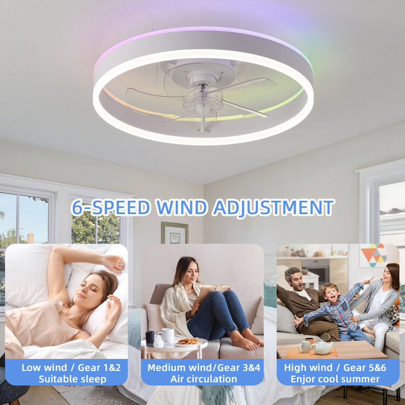 Ventilateur de plafond moderne de 19,3 po avec lumière, avec 6 vitesses de refroidissement, options de couleurs RVB et dynamiques Jamescia, convient à la chambre à coucher