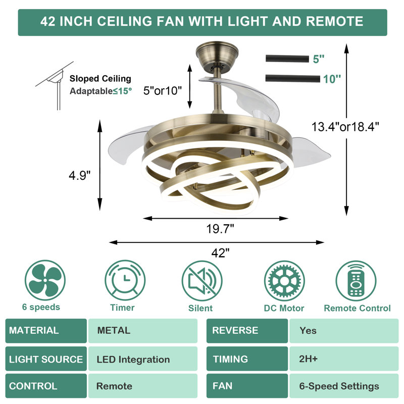 42" Modern Retractable Ceiling Fan With Dimmable LED Light, DIY Shape 6 Speeds Chandelier Ceiling Fan With Remote Control For Bedroom