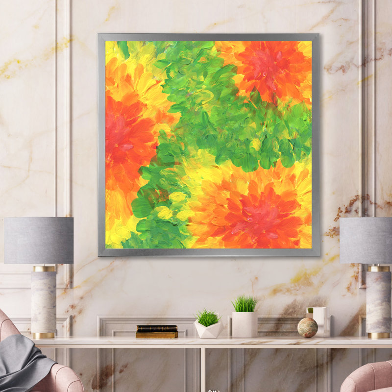 Rouge, orange, jaune, vert et abstrait - peinture, Cadre photo argenté, H 36 po x l 36 po