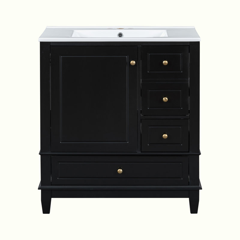 Meuble-lavabo avec lavabo et armoire avec tiroirs, Noir, noir, noir, noir, Doré