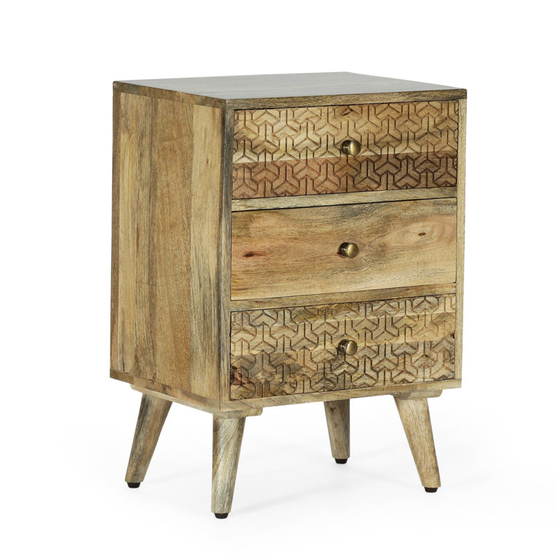 Table de chevet en bois de manguier faite à la main avec rangement géométrique et fonction décorative