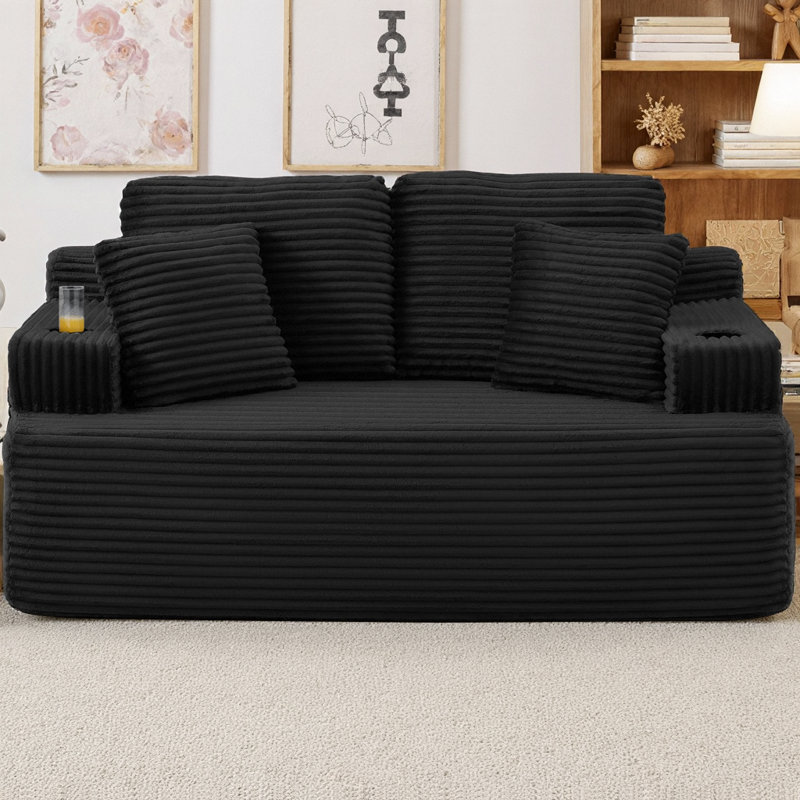 Canapé de 66,5 po de style nuage sans os, canapé 2 places avec porte-gobelet et poches latérales, canapé en velours côtelé moderne à profil bas sans assemblage requis pour les petits espaces