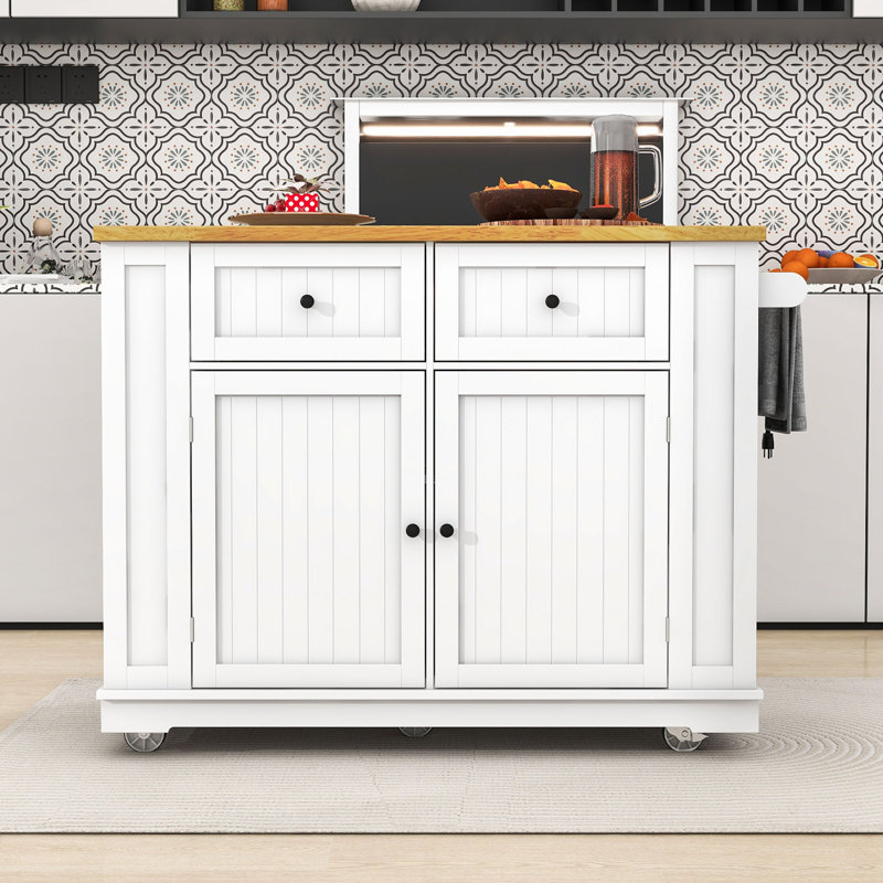 Rolling Kitchen Island Cart with Drop Leaf, Power Outlet, 2 Drawers, Adjustable Shelves and Spice Rack, White