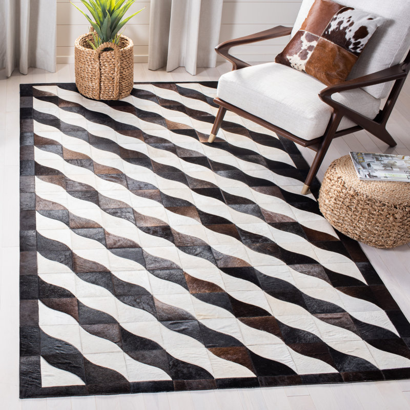 Miltmore Hand Woven Leather/Felted Cloth Geometric Rug in Ivory/Black, Rectangle 8' x 10'