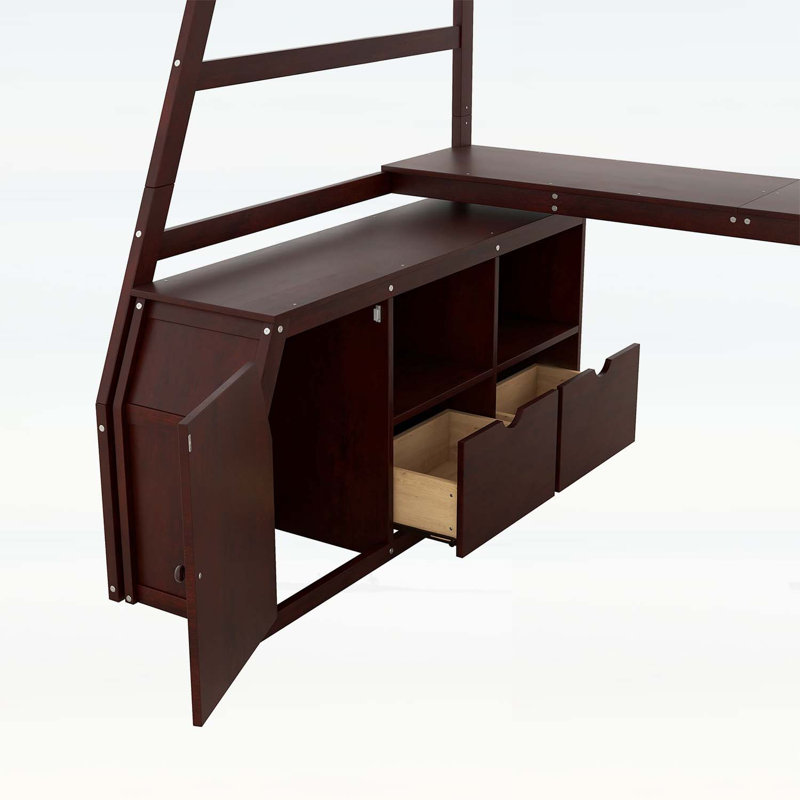 Lit mezzanine simple avec 7 tiroirs, 2 tablettes et bureau pour une utilisation compacte et multifonctionnelle dans les chambres modernes