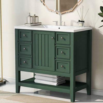 Meuble-lavabo de 36 po de couleur, fabriqué avec du bois massif et une armoire, trois tiroirs, un lavabo en céramique et un lavabo en acier inoxydable à charnières, lavabo plat et autoportant