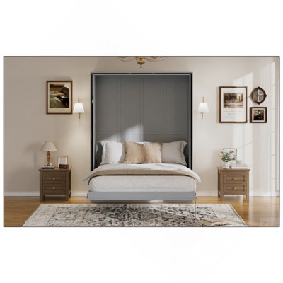 Rotating Queen Murphy Bed with Hidden Storage Racks, Space-Saving Multifunctional Wall Bed for Home Office & Small Rooms, Gray