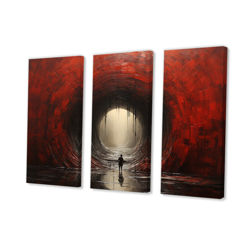 Tunnel abstrait en bois rouge I sur toile, 3 pièces, H 28 po x l 36 po x P 1 po