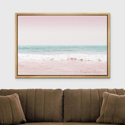 Plage côtière, rose, bleu sarcelle, vagues de l'océan, nature, paysage, illustrations, moderne, rustique