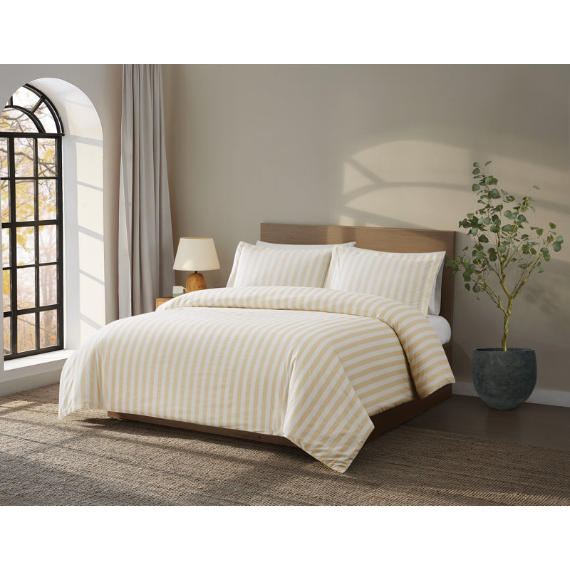 Brooklyn Loom Levi Stripe Duvet Set, Queen Duvet Cover + 2 Standard Pillow Shams, White/Ivory