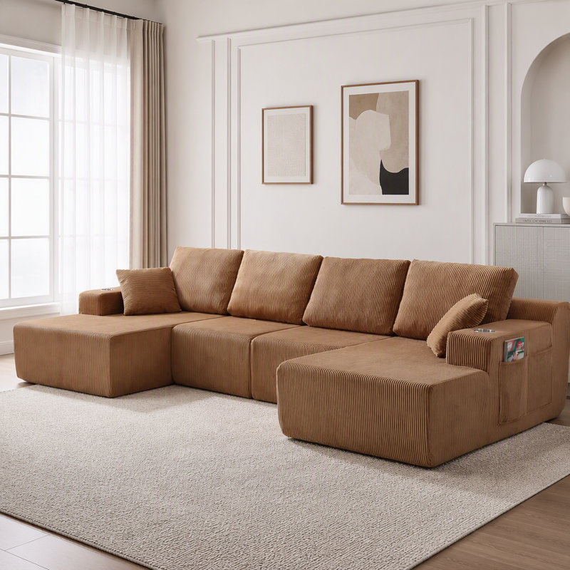 Canapé modulaire en U en velours côtelé avec méridienne en U, Brown