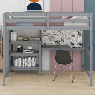 Wooden Loft Bed With Shelves,Desk And Writing Board