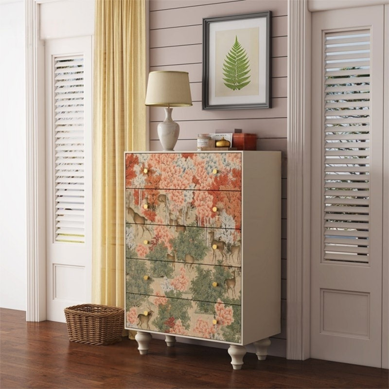 Retro Five-Drawer Storage Cabinet Accent  Chest, Lvory white