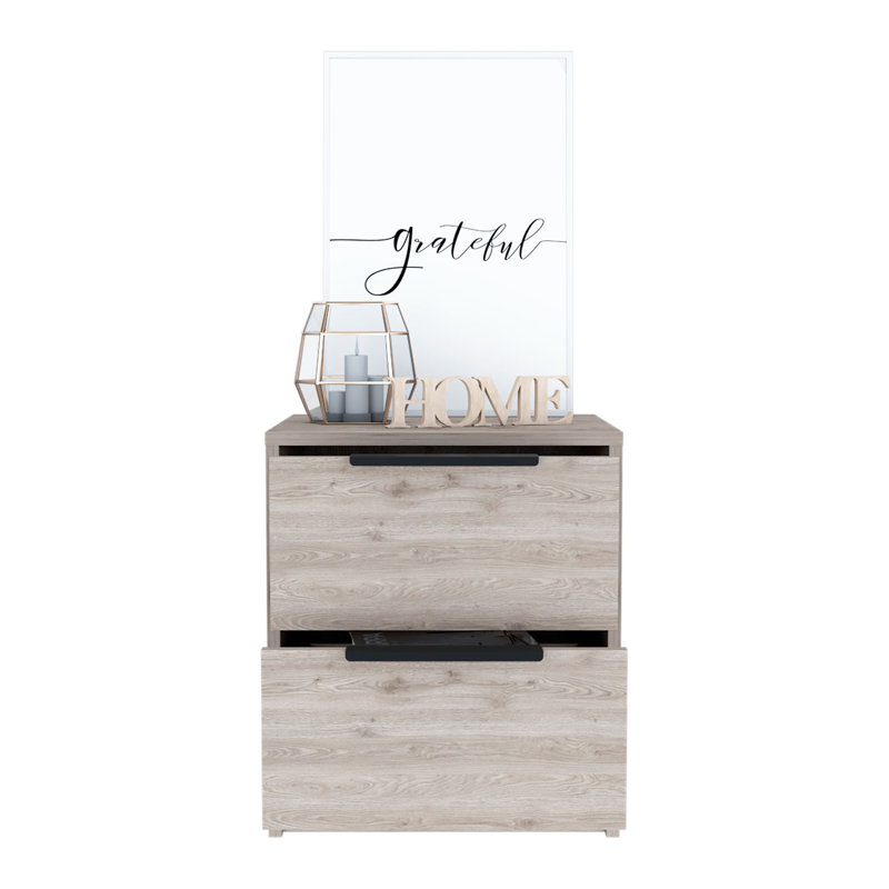 Table de chevet Cervants, deux tiroirs, poignée en métal, Gris clair