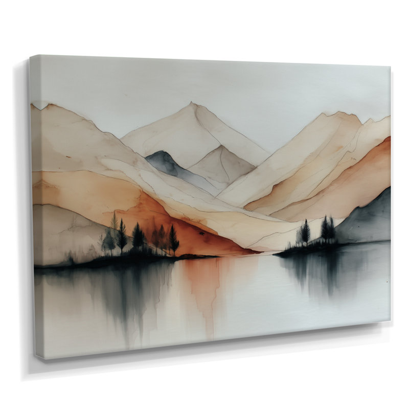 «Watercolor River Drift Mountains - Mountains Large Wall Art, Orange Landscape», reproduction d'art sur toile encadrée