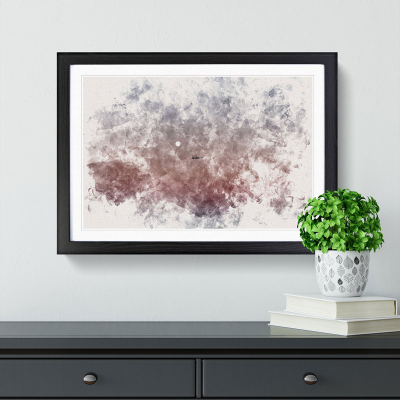 Airplane Passing The Moon Watercolour - Single Picture Frame Print on MDF, 62cm H x 87cm W x 2cm D, Black Framed