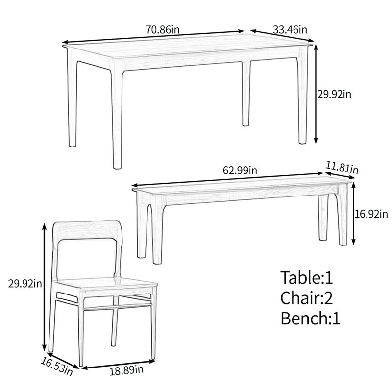 Classic simple solid wood table set, 29.92"H x 70.86"L x 33.46"W
