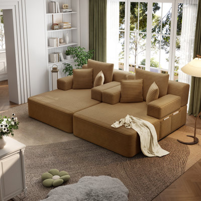 Ensemble 2 pièces surdimensionné de méridienne double, luxueux canapé-lit en velours côtelé moelleux avec 6 coussins et pochette de rangement, pour petits espaces, cinéma maison, salon, orange