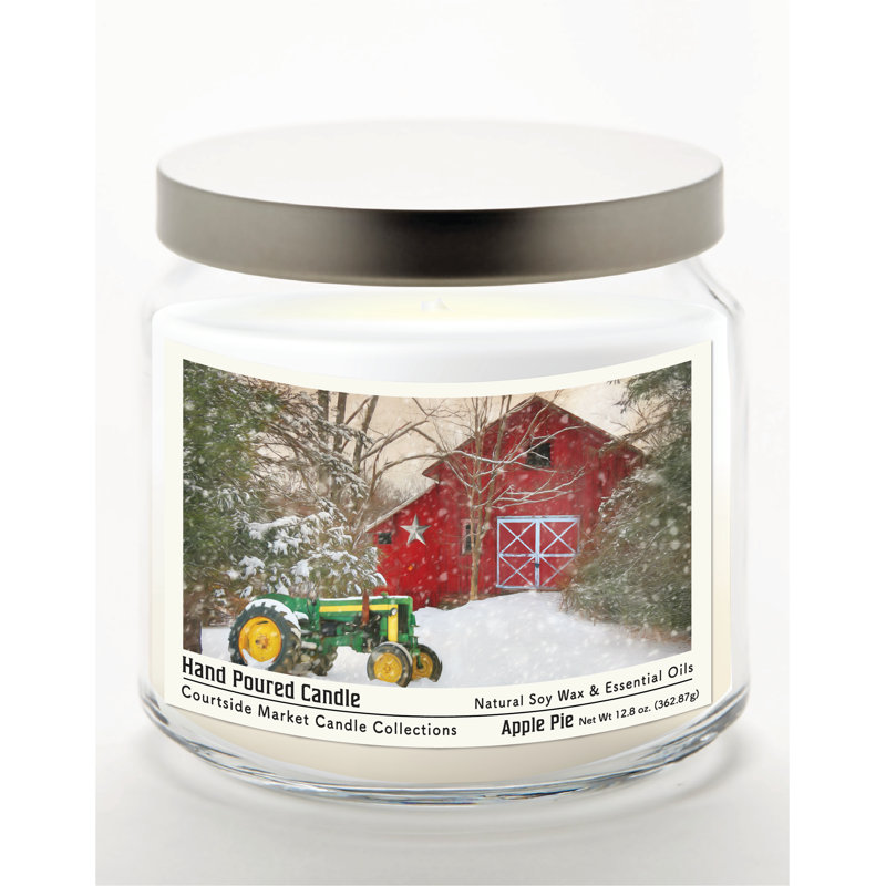 Bougie en pot de verre de 400 g (14 oz) « Hiver à la grange » avec couvercle en métal argenté brossé