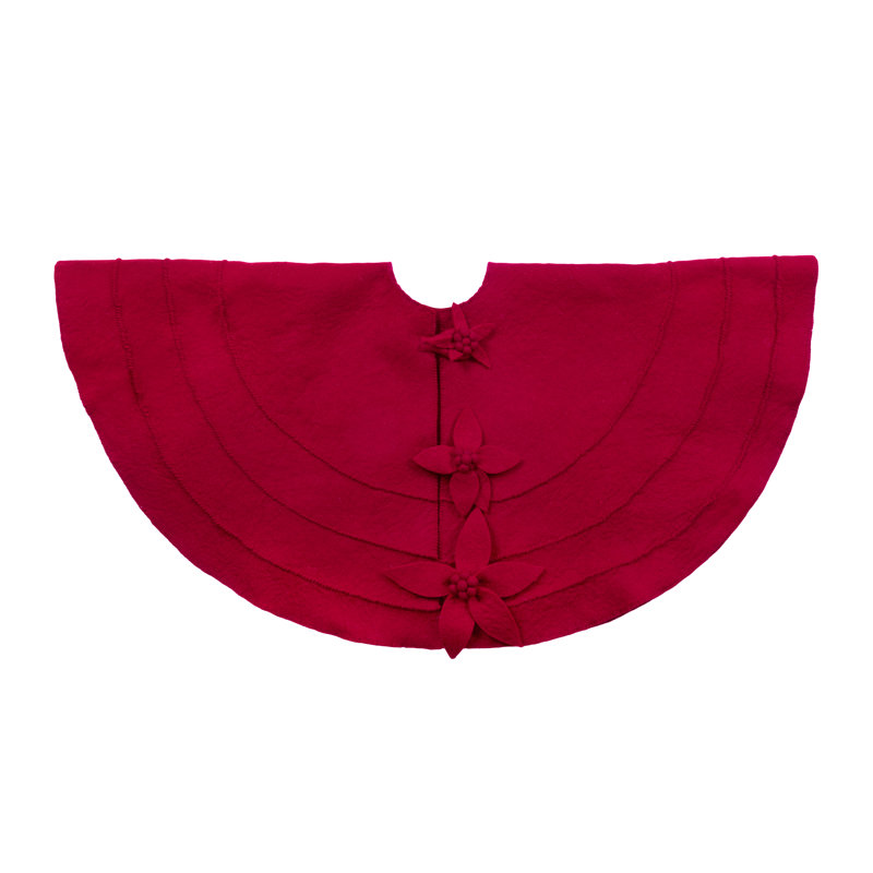 Jupe d'arbre de Noël à boutons poinsettia en laine feutrée à la main - 60 po, Rouge