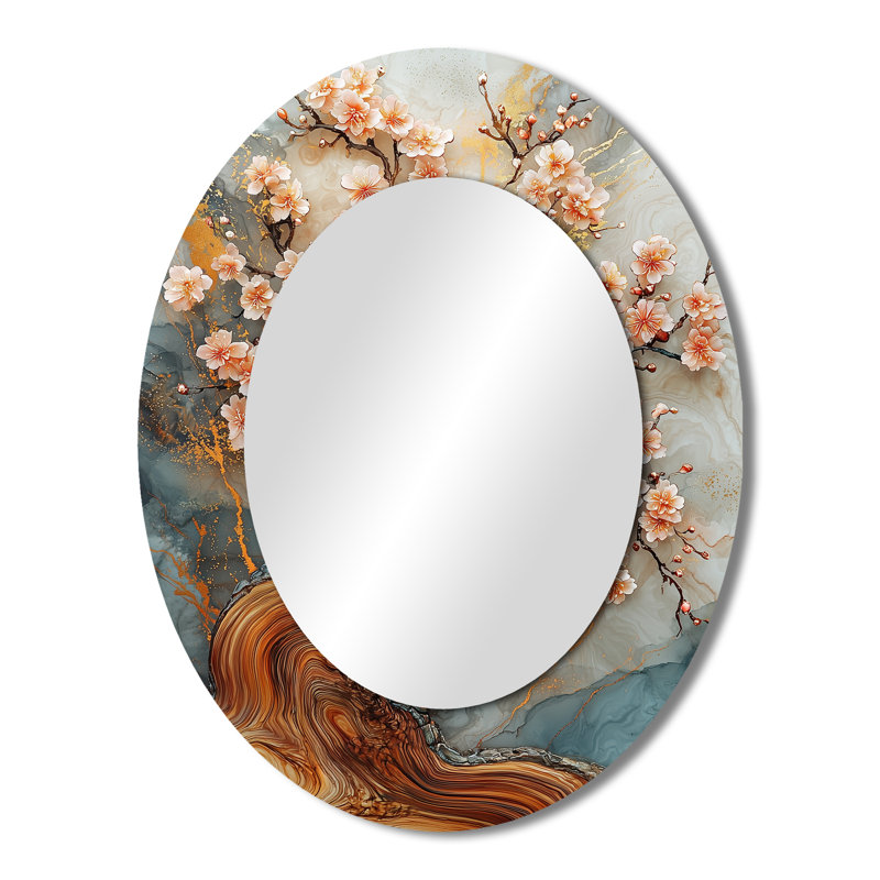 Golden Cherry Blossom Tree Garden Of Ephemeral Beauty II - Large Oval Wall Mirror On Metal, 43" x 33"