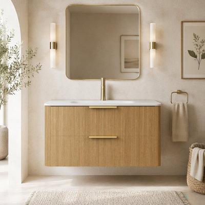 Meuble-lavabo 36 po avec lavabo, armoire de rangement flottante en contreplaqué ultra rayé avec tiroirs, lavabo intégré en pierre frittée Carrara, pré-assemblé