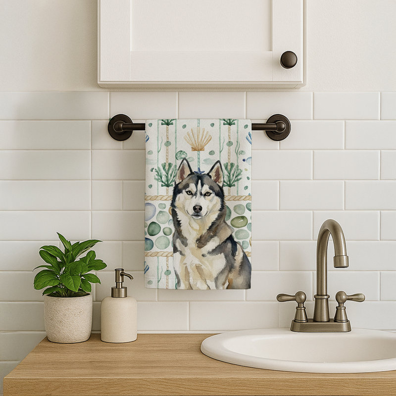 Serviette de cuisine blanche en verre de mer à épagneul tibétain blanc, Husky sibérien Agouti