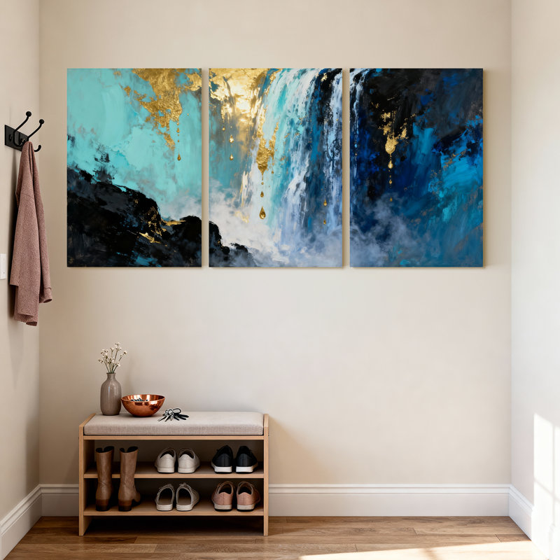 Abstrait abstrait bleu, or, noir, ensemble de 3 reproductions d'art sur toile, H 30 po x l 60 po