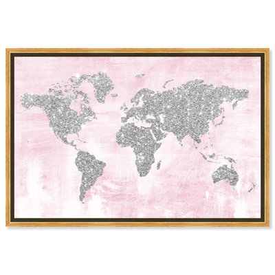 Carte pailletée rose et argentée, carte du monde pailletée, toile moderne rose pour salon - cadre photo sur toile flottante