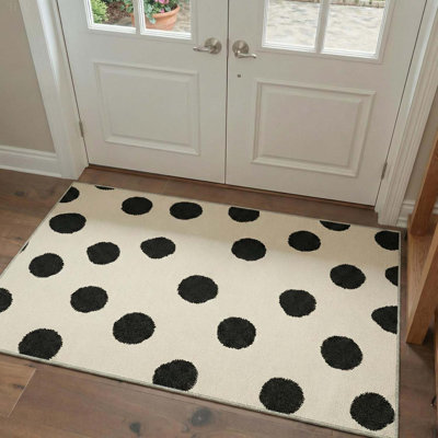 Tapis d'entrée 2 x 3 pi avec envers antidérapant, tapis de cuisine à motif lavable à la machine pour porte d'entrée, petit paillasson intérieur pour le couloir d'entrée, noir ivoire à pois minimaliste