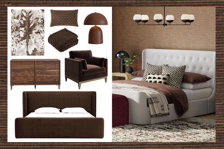 modern bedroom with dark brown grasscloth wallpaper, chocolate brown bedding, and a brown and white area rug