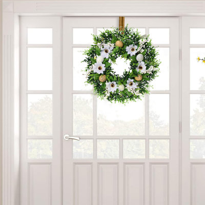 Couronne de feuilles vertes de Pâques de 15 pouces pour la porte d'entrée, couronne de œufs de fleurs sauvages de lapin de Pâques pour la décoration de la maison, oreilles de ferme rustiques florales pour la maison