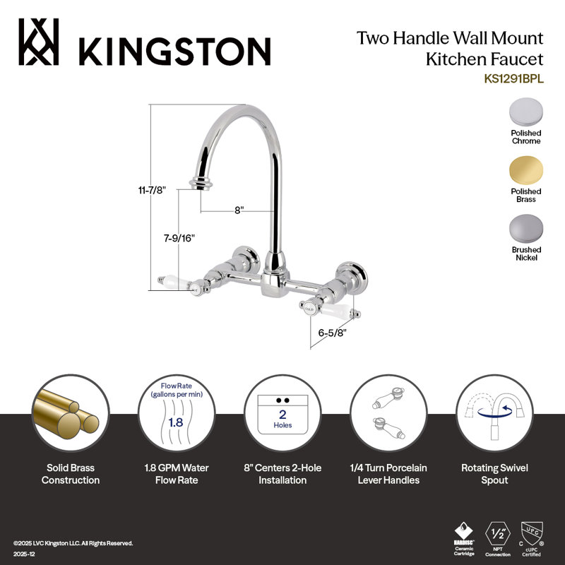 Kingston Brass Bel-Air Two-Handle 2-Hole Deck Mount Bridge Kitchen Faucet, Brushed Nickel, Lever