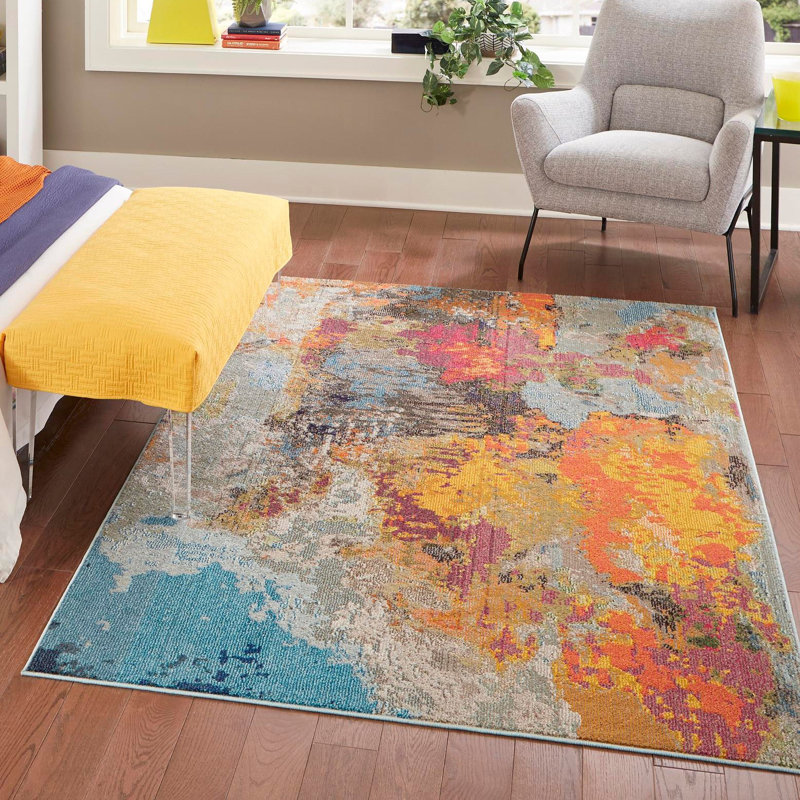 Tapis abstrait bleu / gris / orange Octagon, Rectangle 4pi x 6 pi