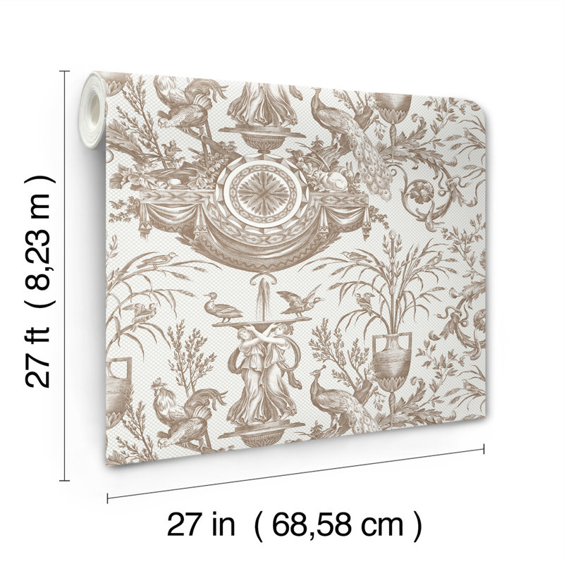 Avian Fountain Toile Wallpaper Roll, Mink
