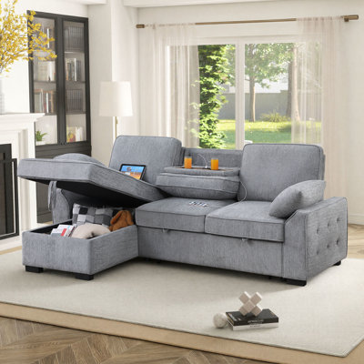 91 Inch Upholstery Sleeper Sectional Sofa with Storage Chaise, Sleeper Sofa Bed with USB Port, 2 Cup Holders on Back Cushions, Light Gray