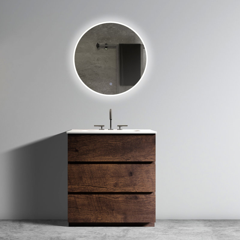 Meuble-lavabo en noyer avec lavabo. Fonctionnement silencieux, rangement élargi. Unité autoportante. Bassin blanc. Meuble-lavabo moderne pré-assemblé. Rangement riche, performance. Style ergonomique. Évier
