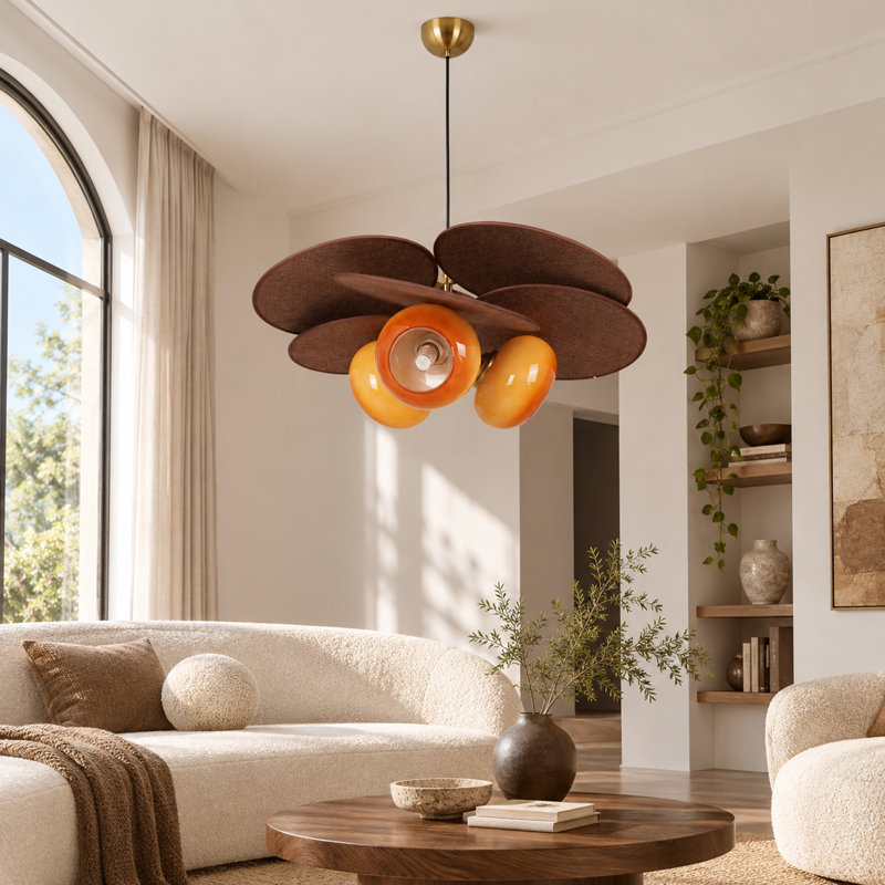 Luminaire suspendu doré à 3 lumières en feuille de rotin, lustre tissé avec abat-jour en verre ambré et cordon réglable