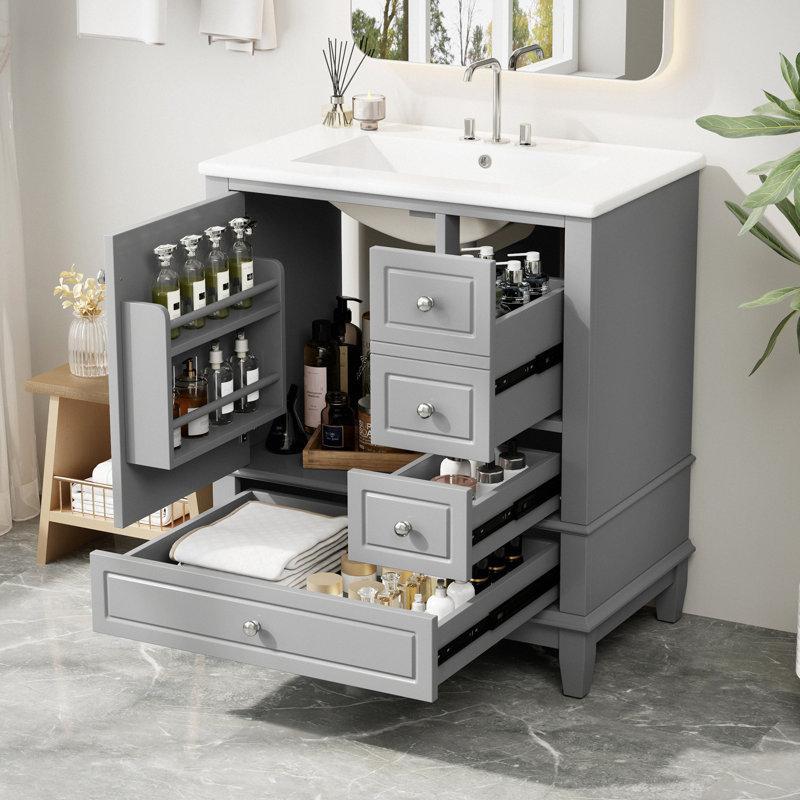 Meuble-lavabo simple 30 po avec plateau en céramique Daisy, Gray