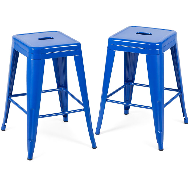 Tabourets de bar en métal sans dossier de 2 po, bleu, 24 po de hauteur, non empilables, détachables, assemblables, pour îlot de cuisine, bar, salle à manger, tabourets bleus à capacité de charge élevée, 2, espace, eau