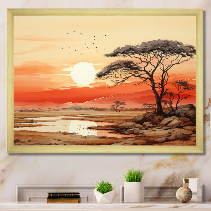 Orange, jaune, paysage africain, impressions sur toile, H 30 po x l 40 po x P 1,5 po, Encadrement doré