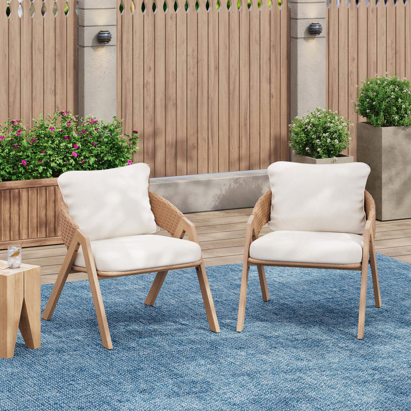 Fauteuil de patio en rotin classique tissé, White Cushion/Teak Frame