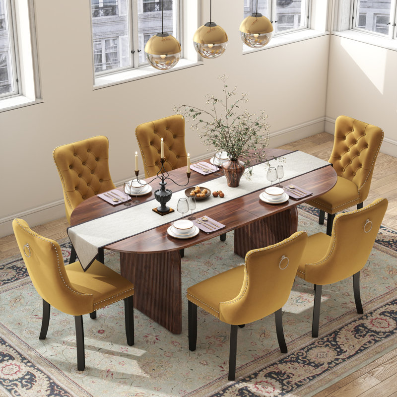Ensemble de salle à manger Mid-Century, Brun, 7 pièces : table, 6 chaises, Jaune