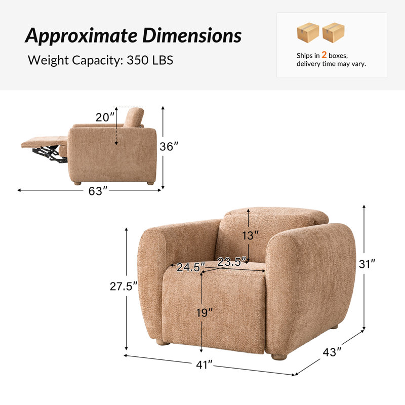 Fauteuil inclinable électrique Aegean Modern Chenille avec double moteur et accoudoirs couverts, Sable
