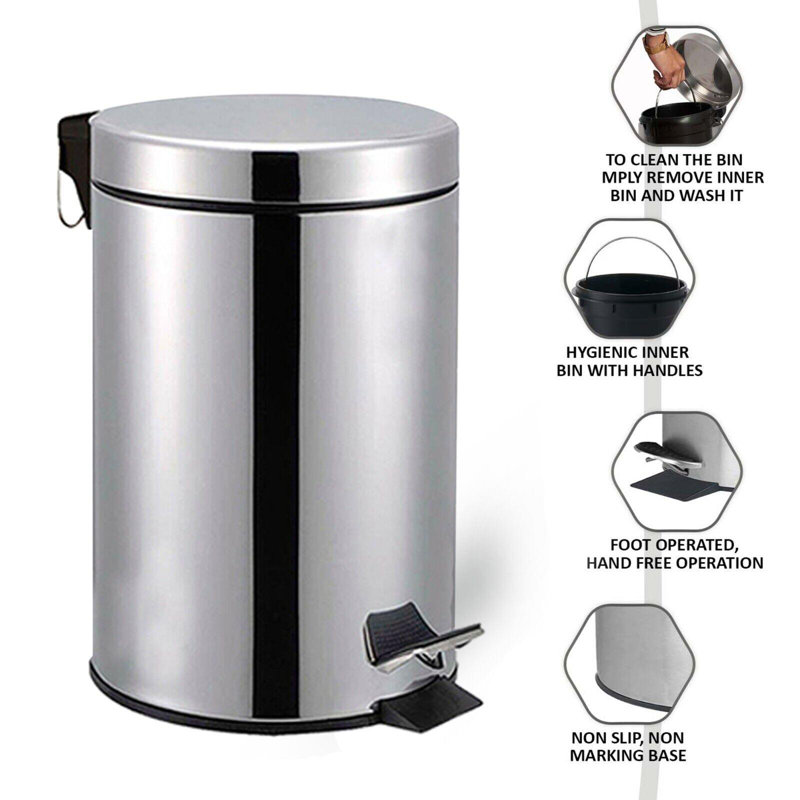 Milarain 3L Stainless Steel Step On Rubbish Bin With Removable Inner Bucket Pedal Bin