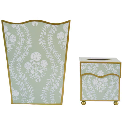Sage Green Floral Trellis Tole Waste Basket & Tissue Box Set